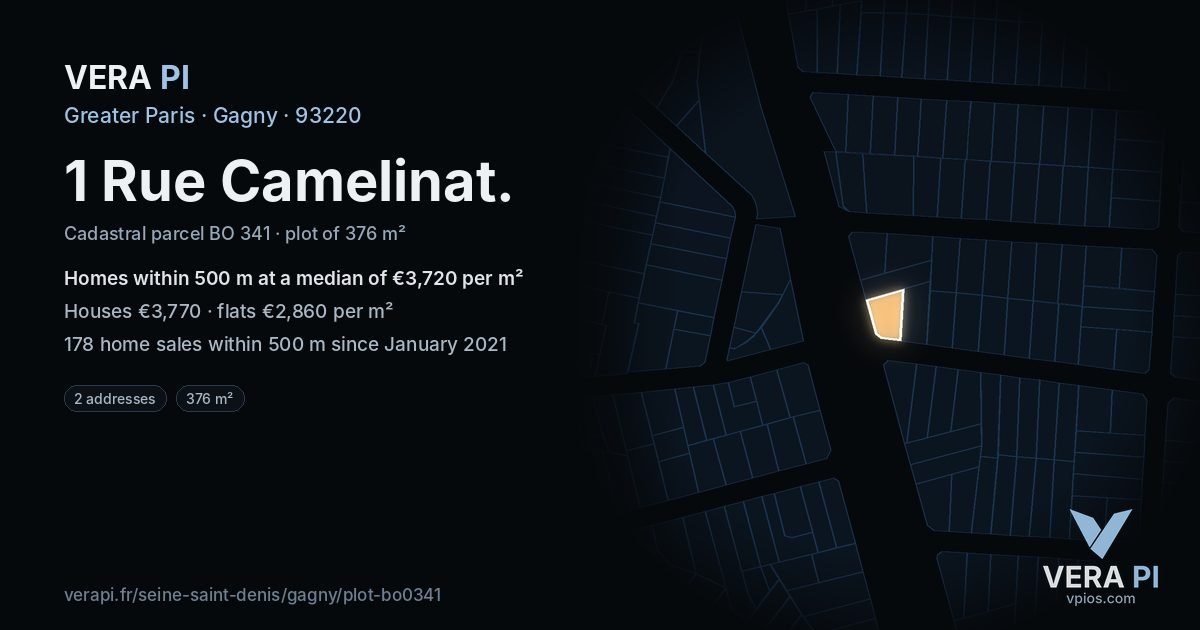 1 Rue Camelinat, Gagny at night – the plot lit, the parcels around coloured by the prices near them