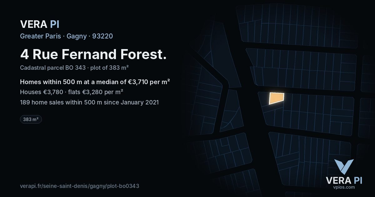 4 Rue Fernand Forest, Gagny at night – the plot lit, the parcels around coloured by the prices near them