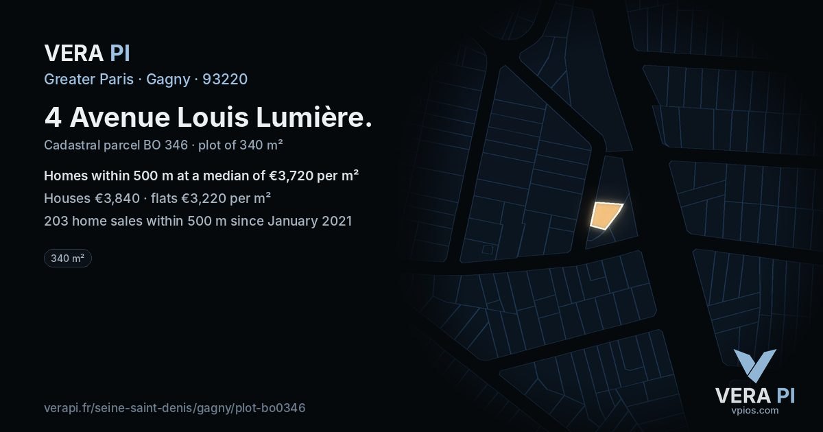 4 Avenue Louis Lumière, Gagny at night – the plot lit, the parcels around coloured by the prices near them