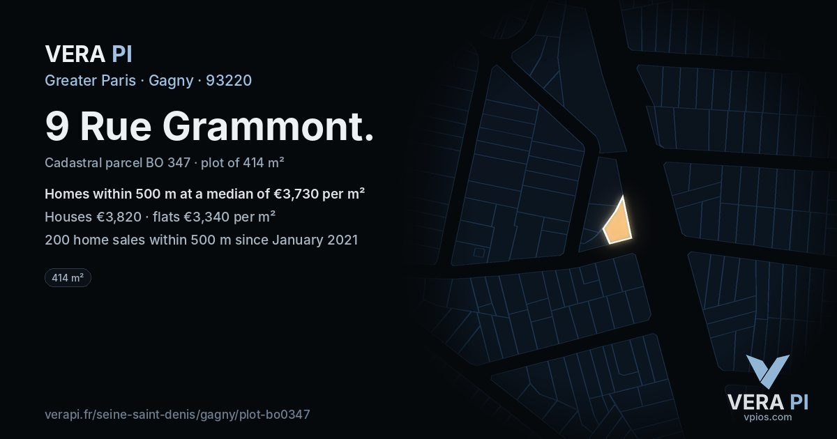 9 Rue Grammont, Gagny at night – the plot lit, the parcels around coloured by the prices near them