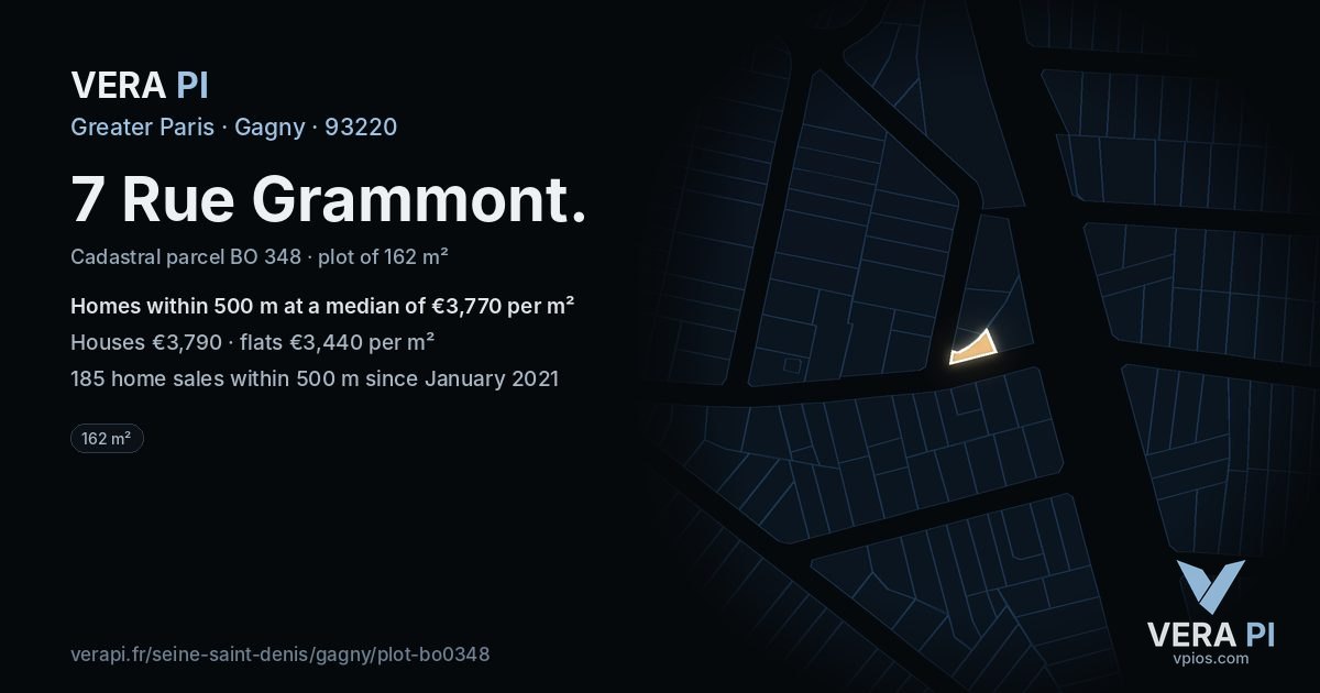 7 Rue Grammont, Gagny at night – the plot lit, the parcels around coloured by the prices near them