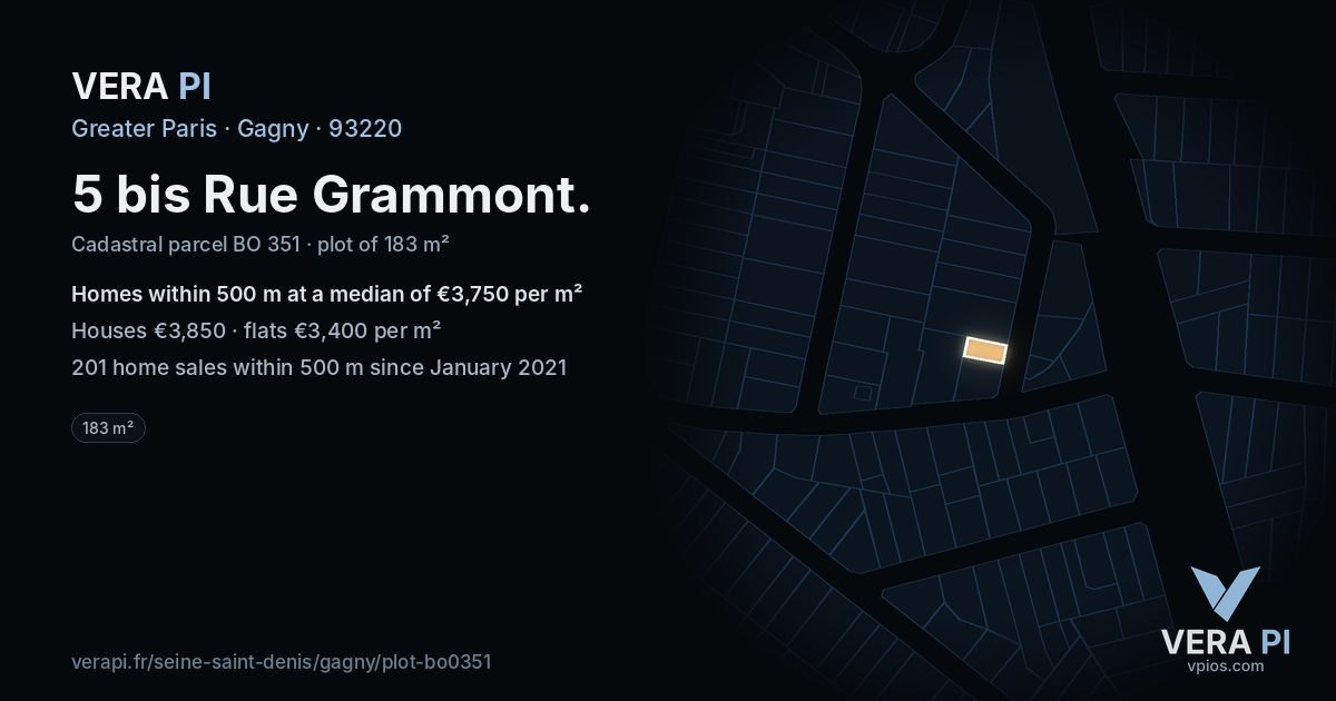 5 bis Rue Grammont, Gagny at night – the plot lit, the parcels around coloured by the prices near them
