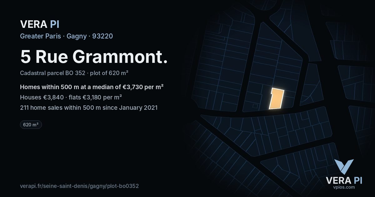 5 Rue Grammont, Gagny at night – the plot lit, the parcels around coloured by the prices near them