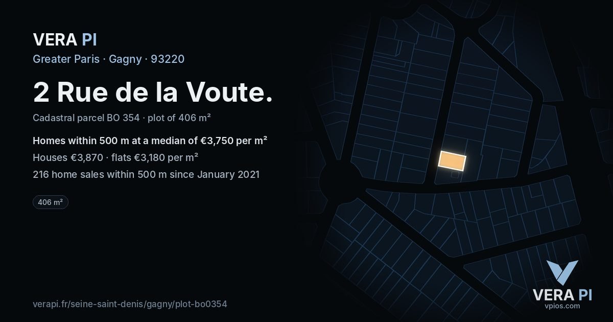 2 Rue de la Voute, Gagny at night – the plot lit, the parcels around coloured by the prices near them