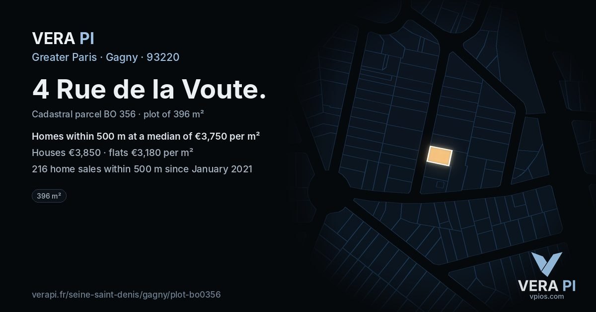 4 Rue de la Voute, Gagny at night – the plot lit, the parcels around coloured by the prices near them