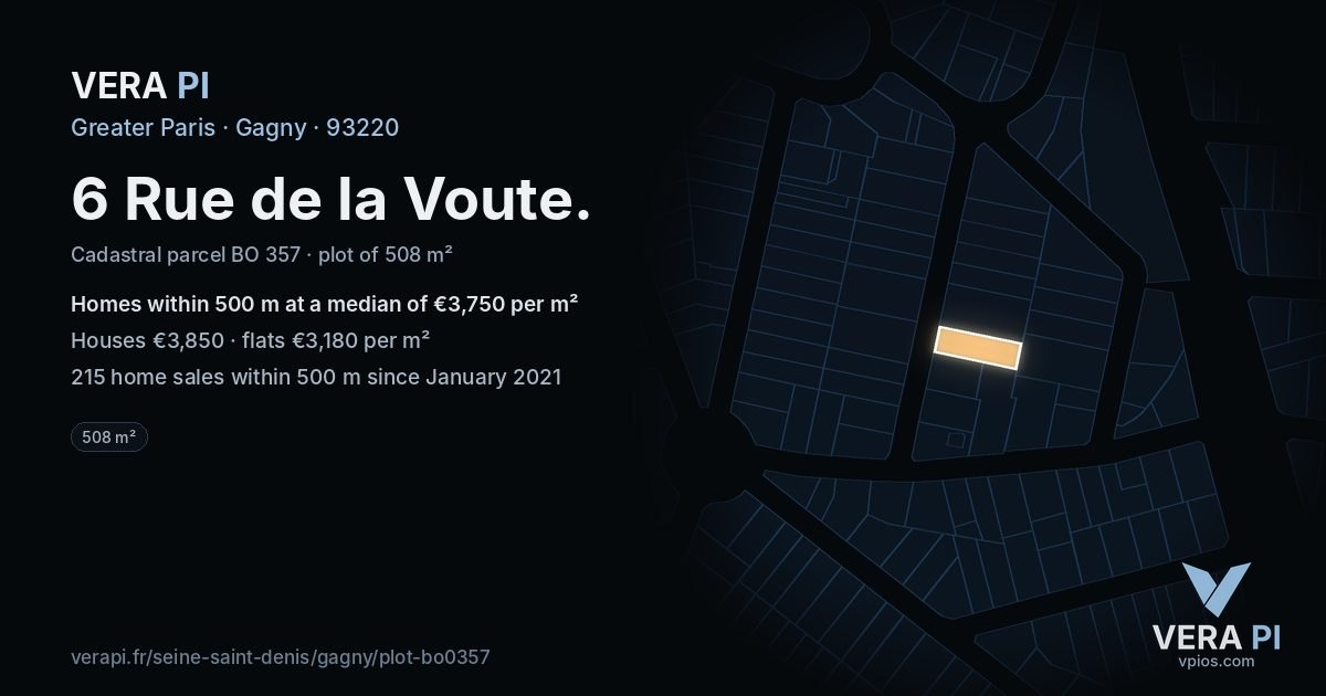 6 Rue de la Voute, Gagny at night – the plot lit, the parcels around coloured by the prices near them