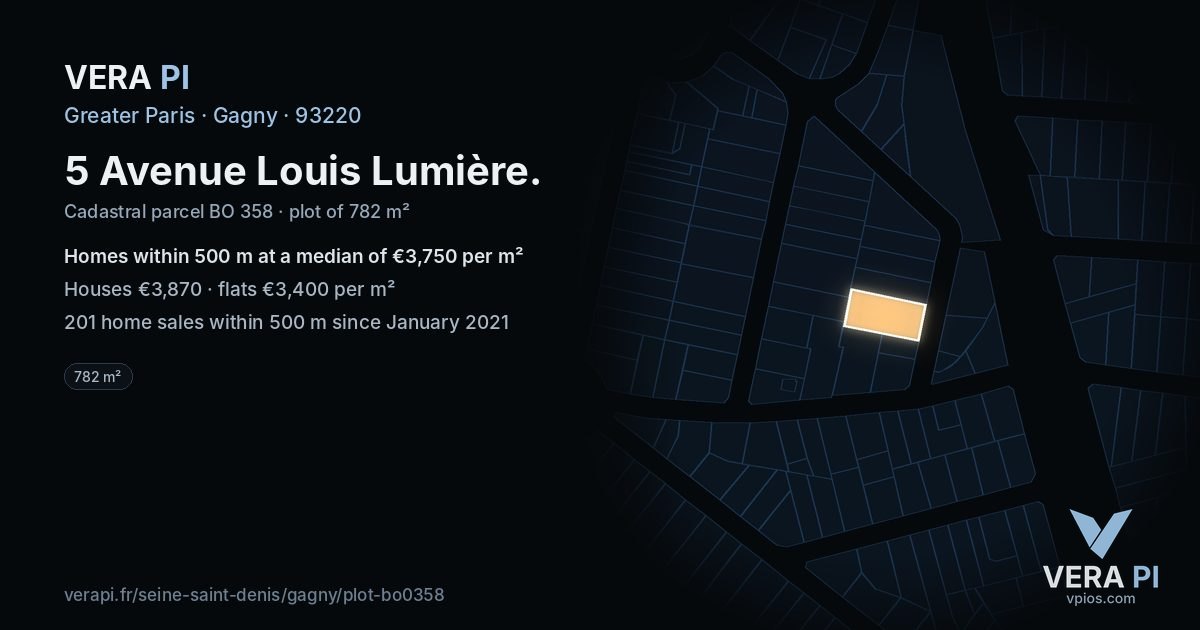 5 Avenue Louis Lumière, Gagny at night – the plot lit, the parcels around coloured by the prices near them