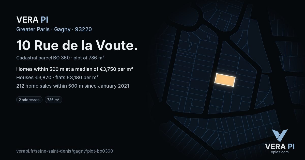 10 Rue de la Voute, Gagny at night – the plot lit, the parcels around coloured by the prices near them