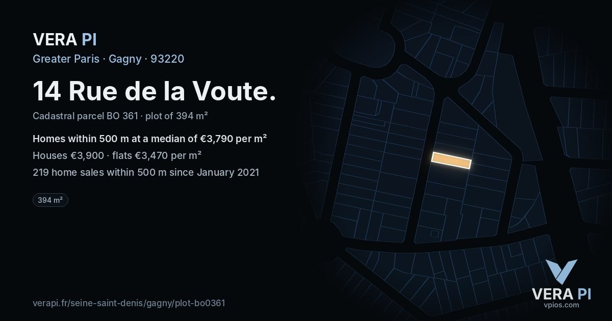 14 Rue de la Voute, Gagny at night – the plot lit, the parcels around coloured by the prices near them