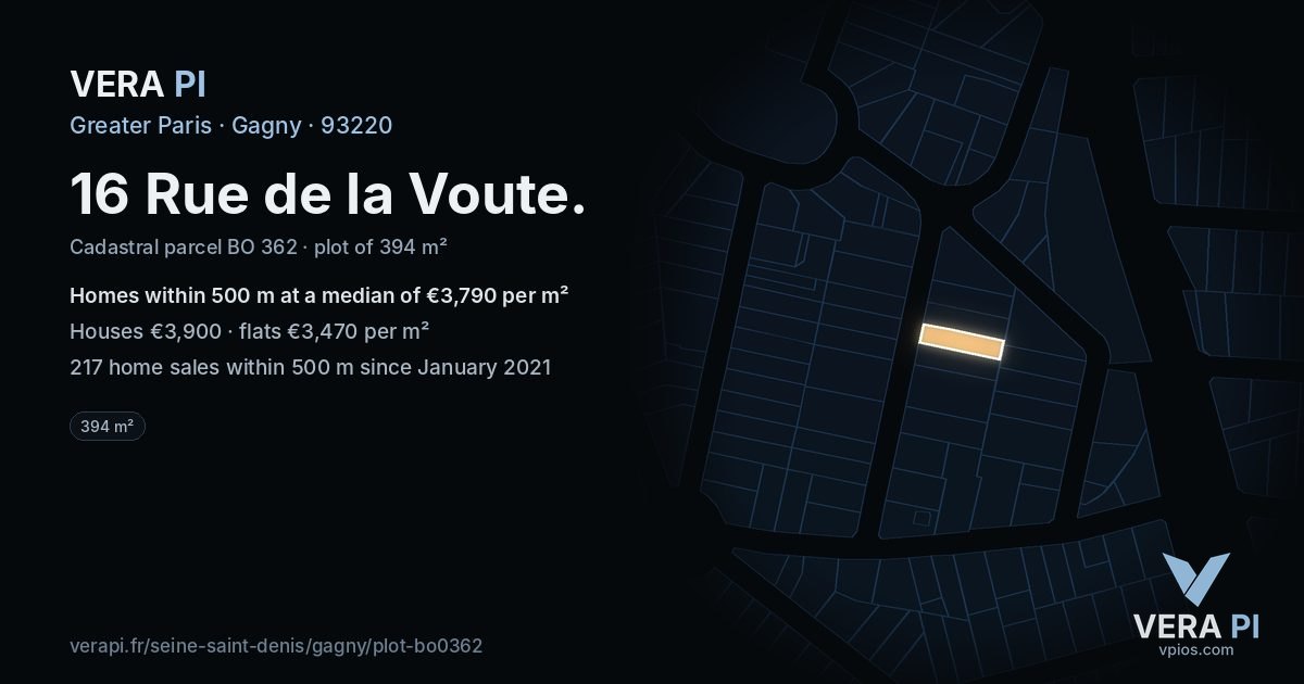 16 Rue de la Voute, Gagny at night – the plot lit, the parcels around coloured by the prices near them