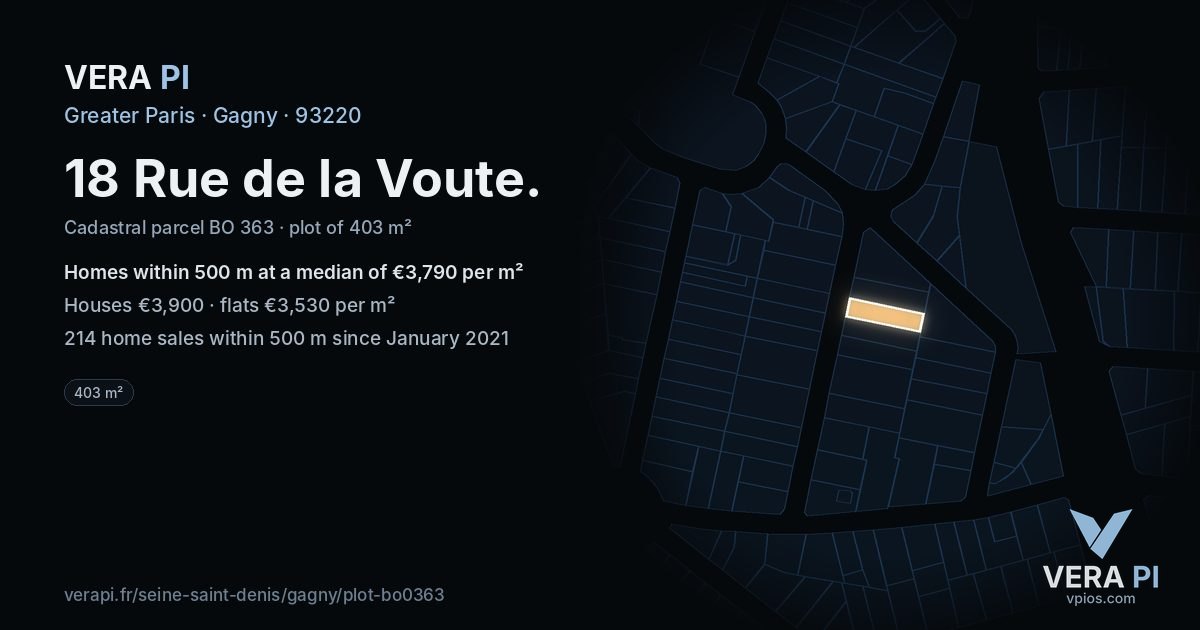18 Rue de la Voute, Gagny at night – the plot lit, the parcels around coloured by the prices near them