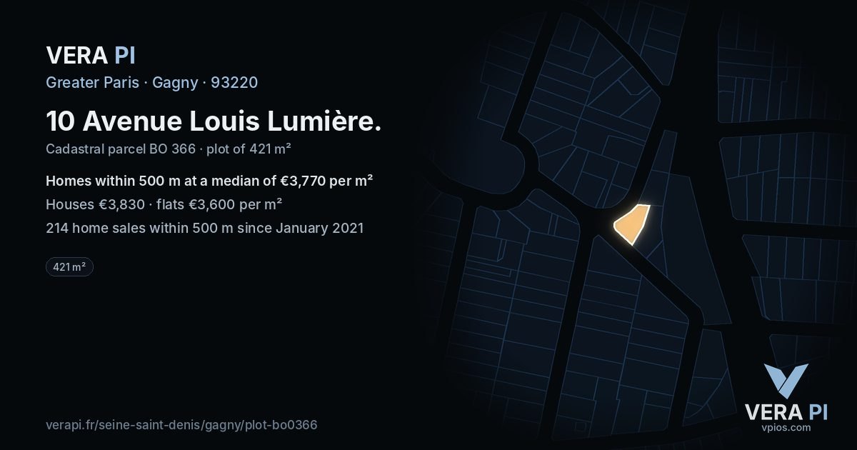 10 Avenue Louis Lumière, Gagny at night – the plot lit, the parcels around coloured by the prices near them