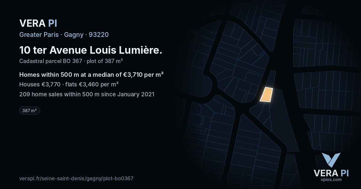 10 ter Avenue Louis Lumière, Gagny at night – the plot lit, the parcels around coloured by the prices near them