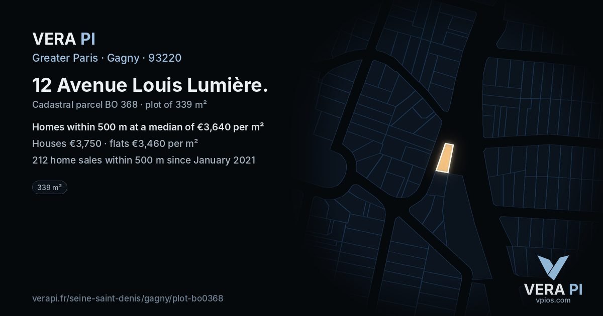 12 Avenue Louis Lumière, Gagny at night – the plot lit, the parcels around coloured by the prices near them