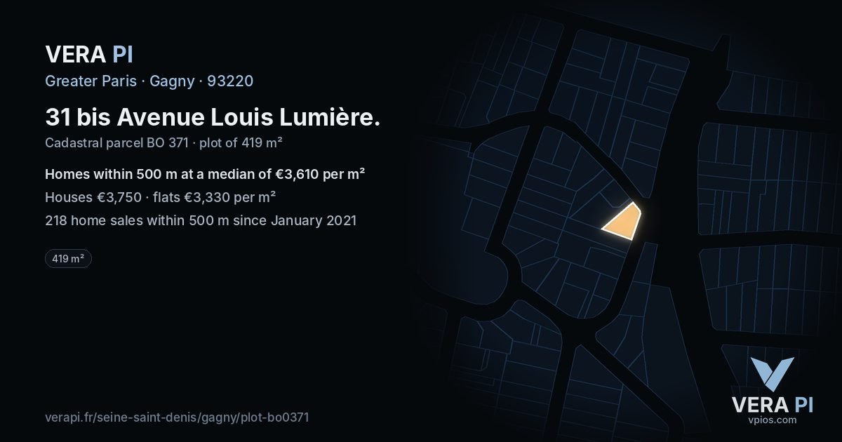 31 bis Avenue Louis Lumière, Gagny at night – the plot lit, the parcels around coloured by the prices near them