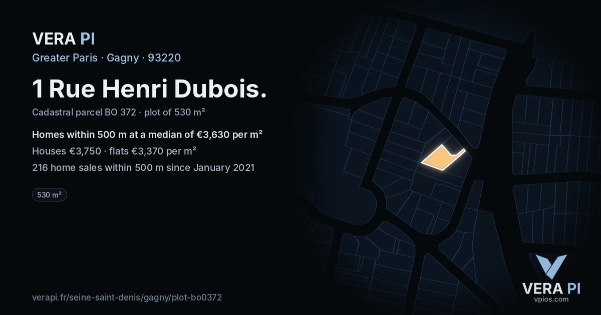 1 Rue Henri Dubois, Gagny at night – the plot lit, the parcels around coloured by the prices near them