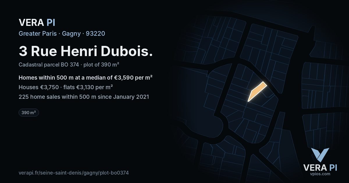 3 Rue Henri Dubois, Gagny at night – the plot lit, the parcels around coloured by the prices near them