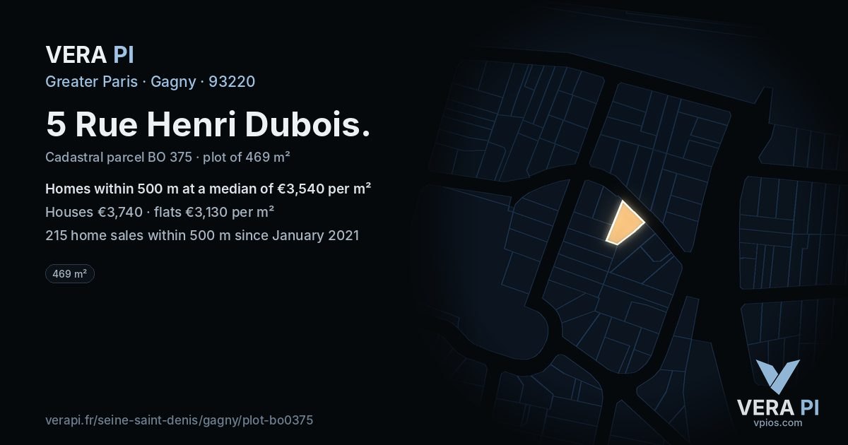 5 Rue Henri Dubois, Gagny at night – the plot lit, the parcels around coloured by the prices near them