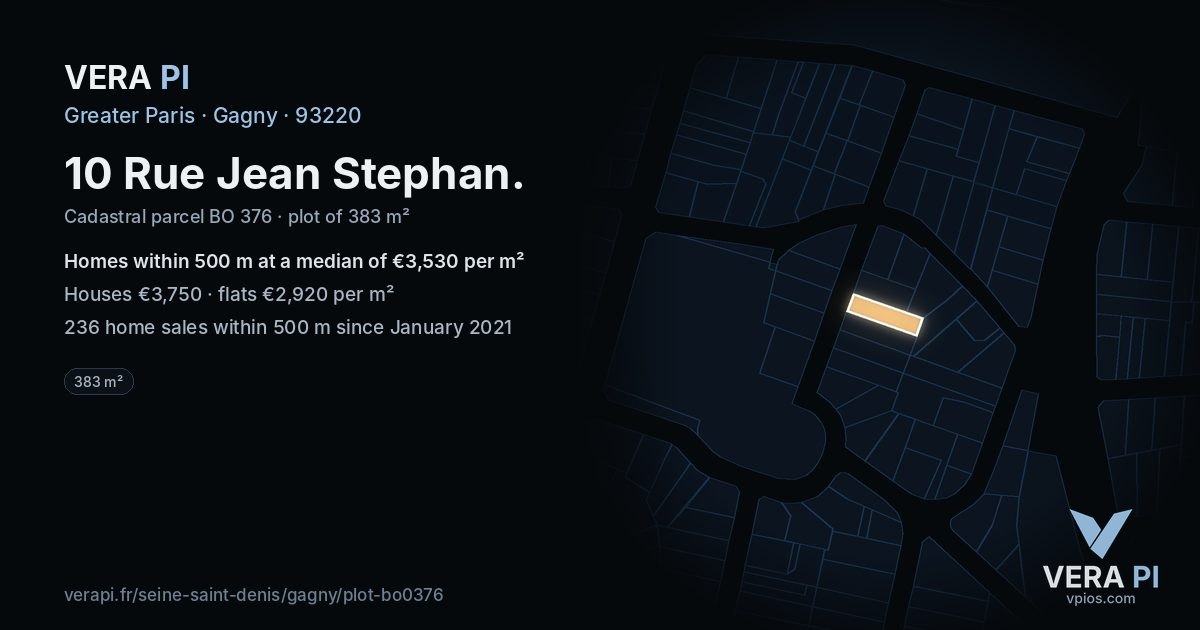 10 Rue Jean Stephan, Gagny at night – the plot lit, the parcels around coloured by the prices near them