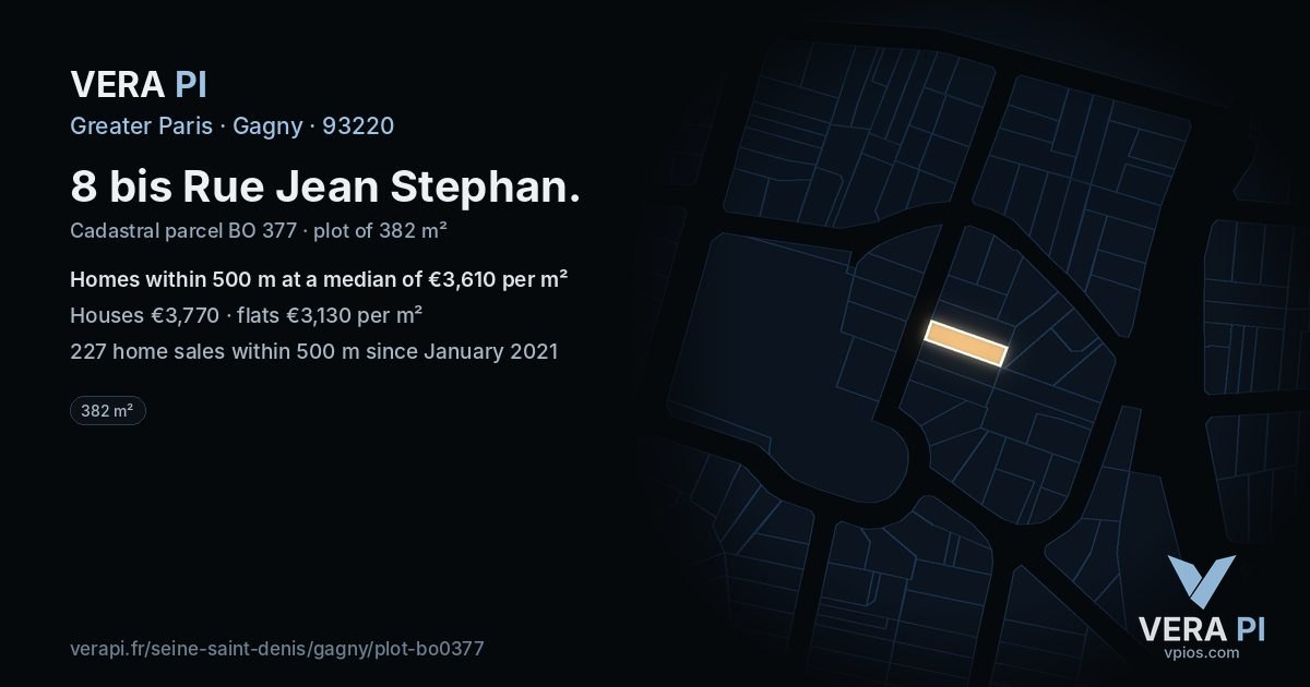 8 bis Rue Jean Stephan, Gagny at night – the plot lit, the parcels around coloured by the prices near them