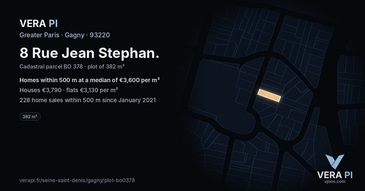 8 Rue Jean Stephan, Gagny at night – the plot lit, the parcels around coloured by the prices near them