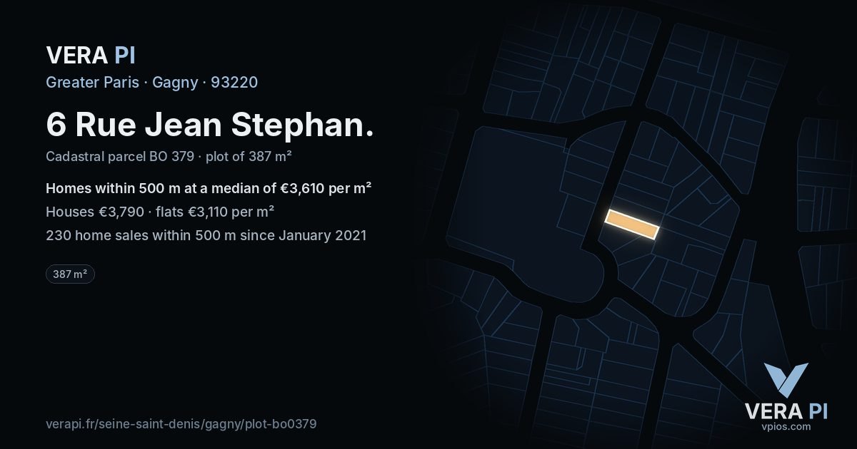 6 Rue Jean Stephan, Gagny at night – the plot lit, the parcels around coloured by the prices near them