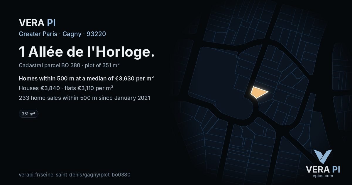 1 Allée de l'Horloge, Gagny at night – the plot lit, the parcels around coloured by the prices near them