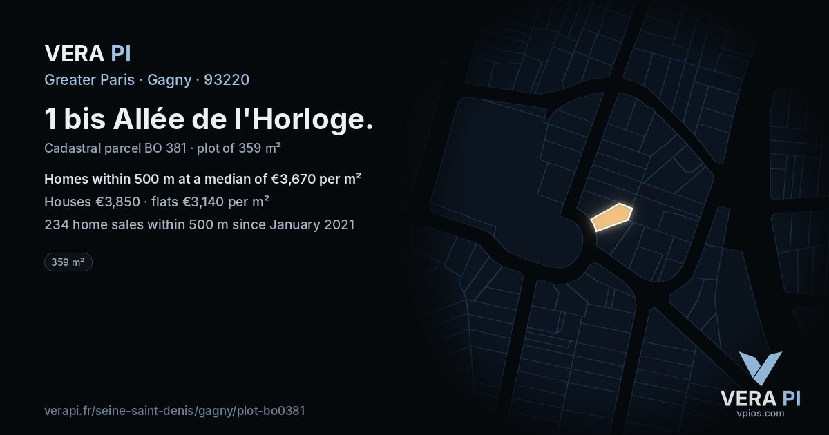 1 bis Allée de l'Horloge, Gagny at night – the plot lit, the parcels around coloured by the prices near them