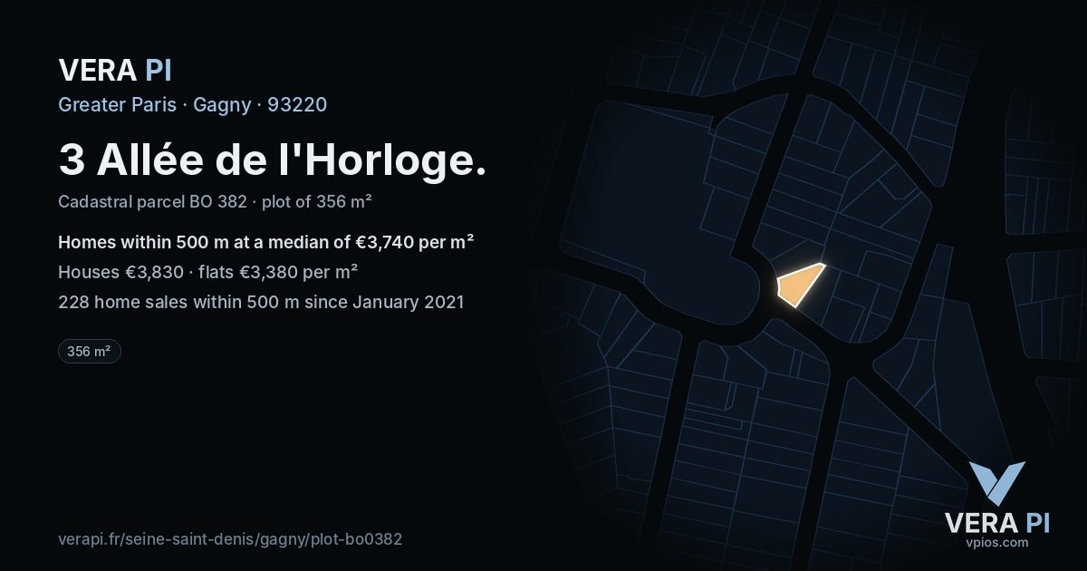 3 Allée de l'Horloge, Gagny at night – the plot lit, the parcels around coloured by the prices near them