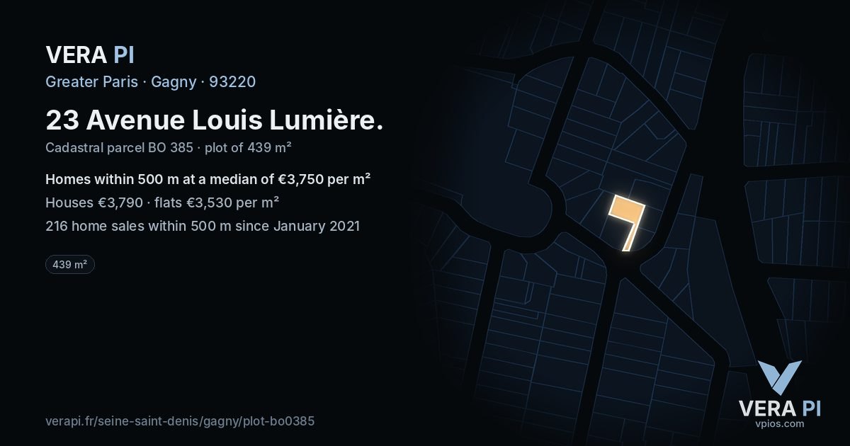 23 Avenue Louis Lumière, Gagny at night – the plot lit, the parcels around coloured by the prices near them