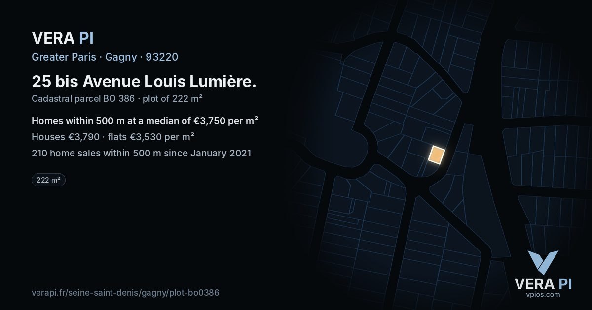 25 bis Avenue Louis Lumière, Gagny at night – the plot lit, the parcels around coloured by the prices near them