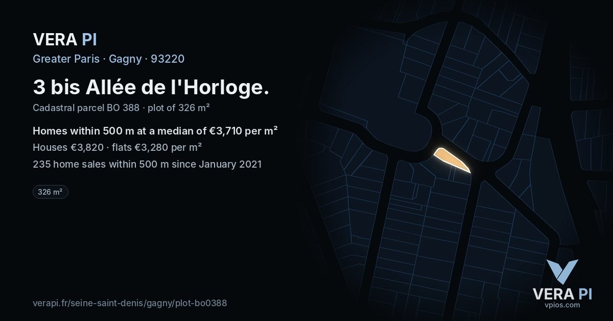 3 bis Allée de l'Horloge, Gagny at night – the plot lit, the parcels around coloured by the prices near them