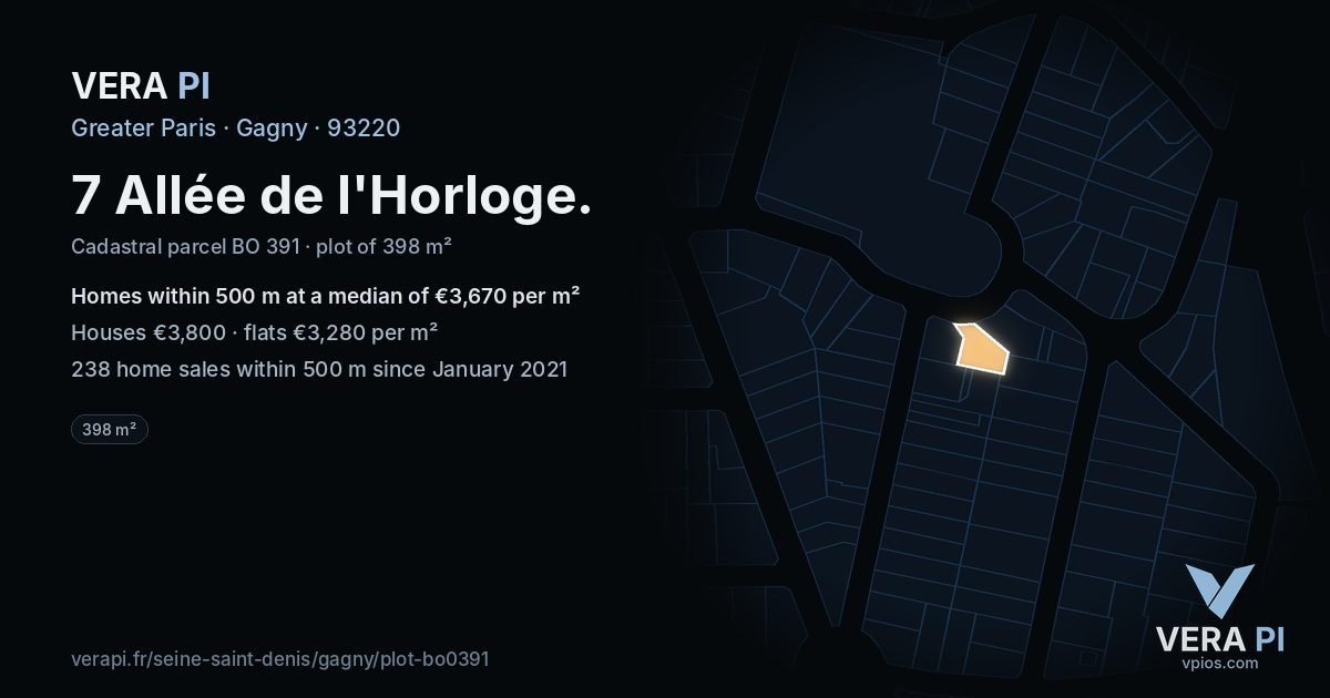 7 Allée de l'Horloge, Gagny at night – the plot lit, the parcels around coloured by the prices near them