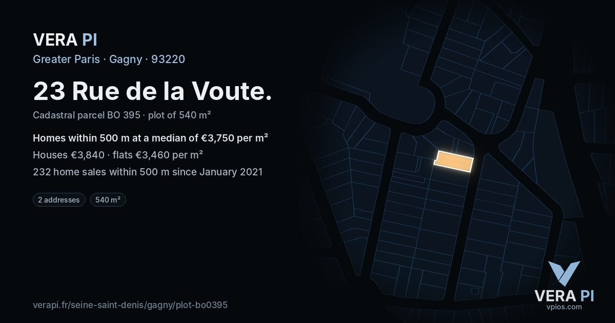 23 Rue de la Voute, Gagny at night – the plot lit, the parcels around coloured by the prices near them