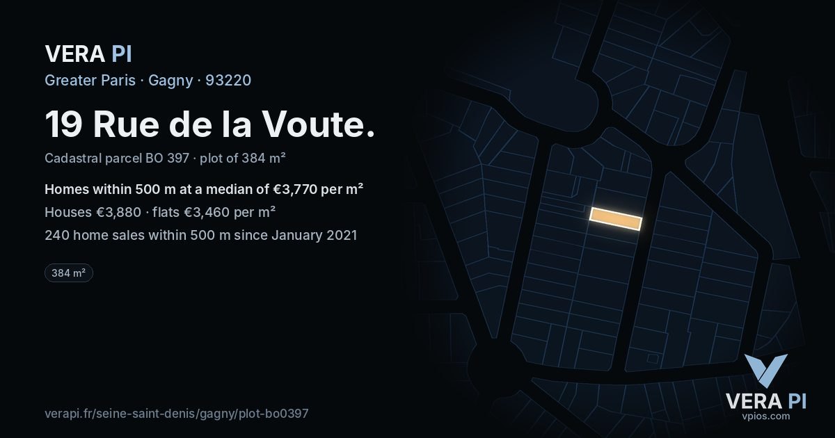 19 Rue de la Voute, Gagny at night – the plot lit, the parcels around coloured by the prices near them