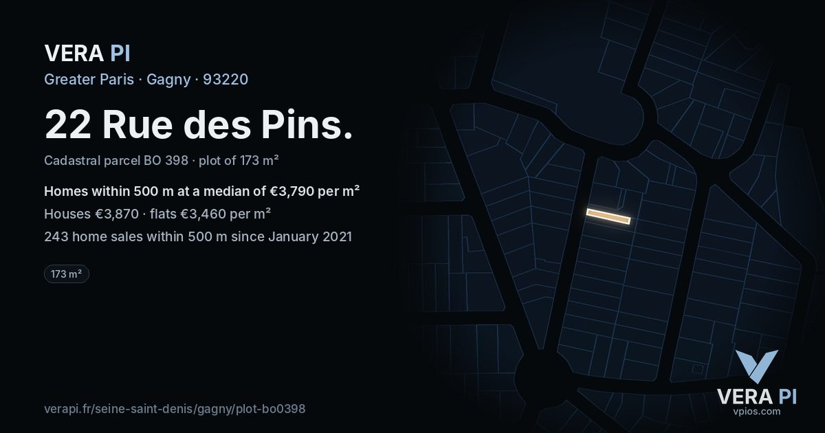 22 Rue des Pins, Gagny at night – the plot lit, the parcels around coloured by the prices near them