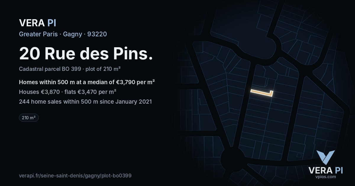 20 Rue des Pins, Gagny at night – the plot lit, the parcels around coloured by the prices near them