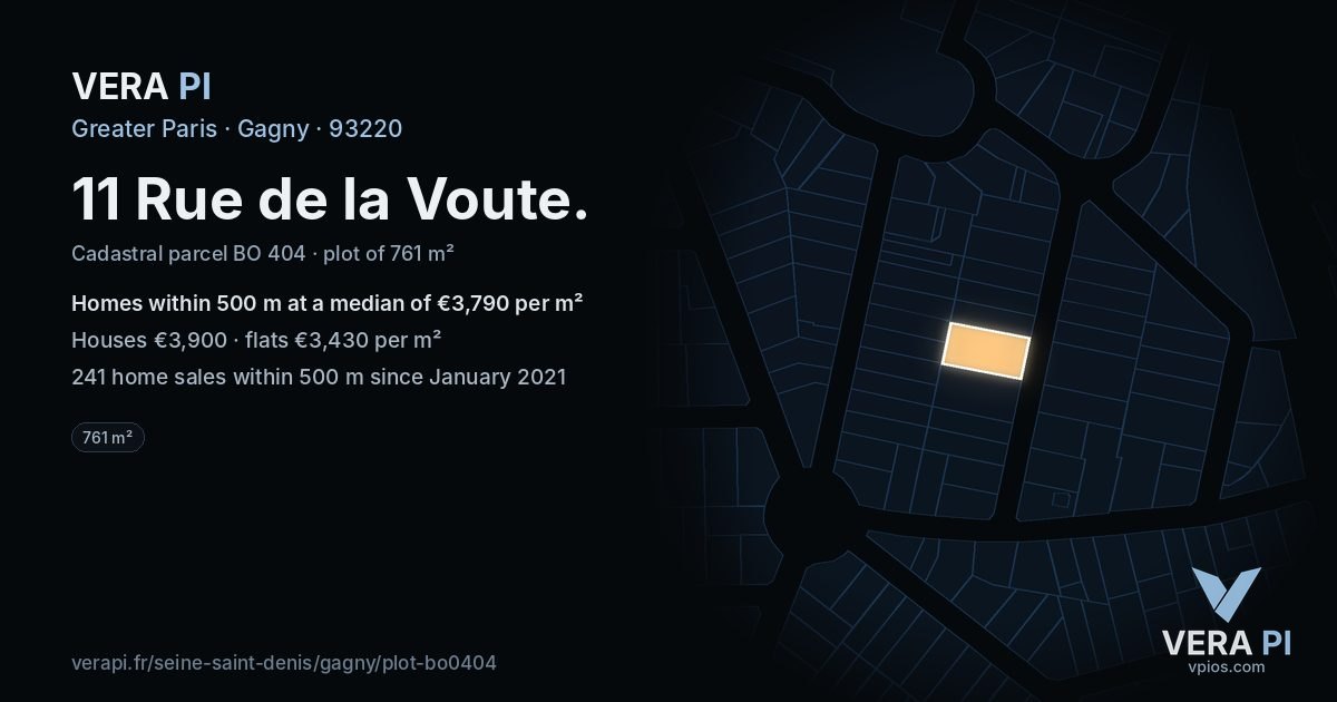 11 Rue de la Voute, Gagny at night – the plot lit, the parcels around coloured by the prices near them