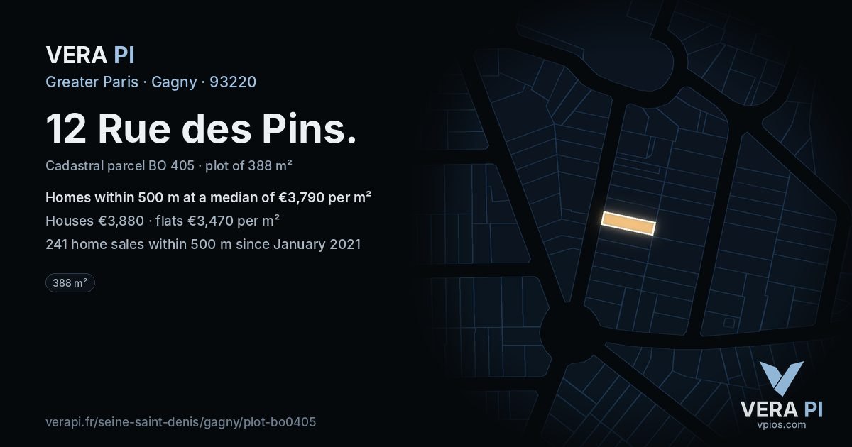 12 Rue des Pins, Gagny at night – the plot lit, the parcels around coloured by the prices near them