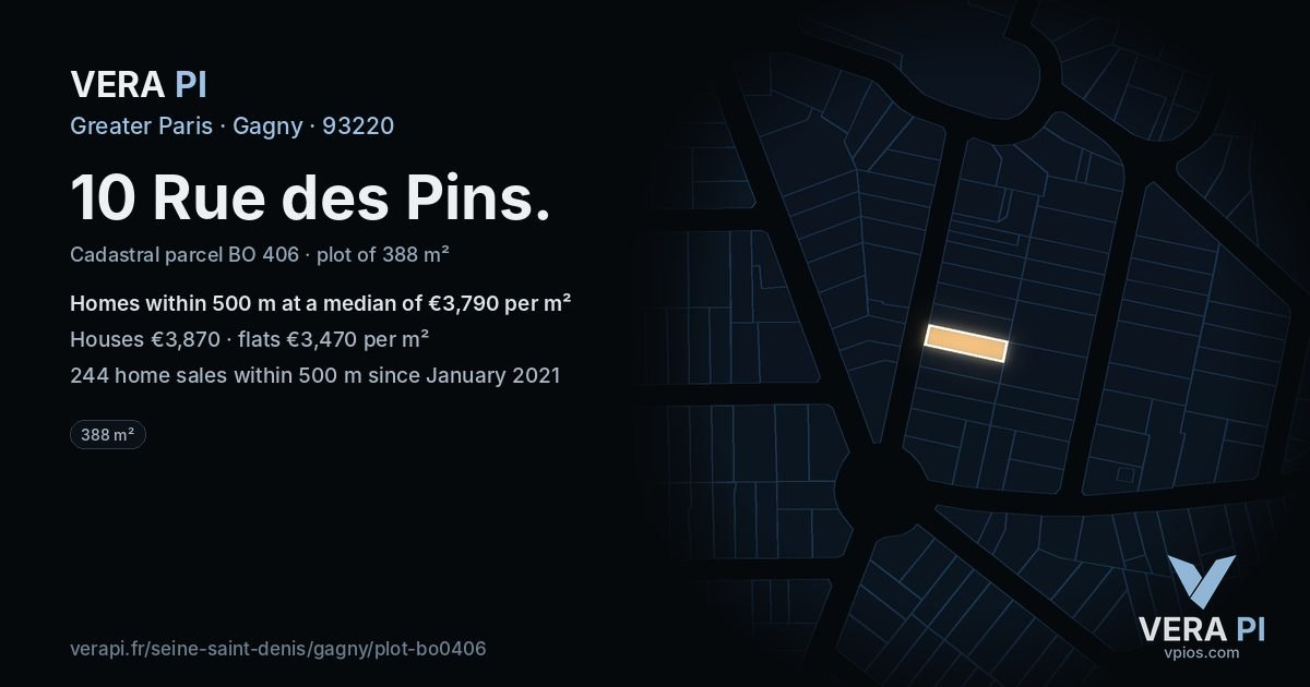 10 Rue des Pins, Gagny at night – the plot lit, the parcels around coloured by the prices near them