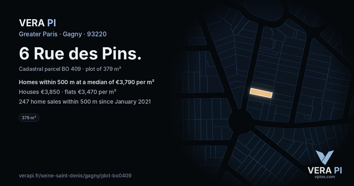 6 Rue des Pins, Gagny at night – the plot lit, the parcels around coloured by the prices near them