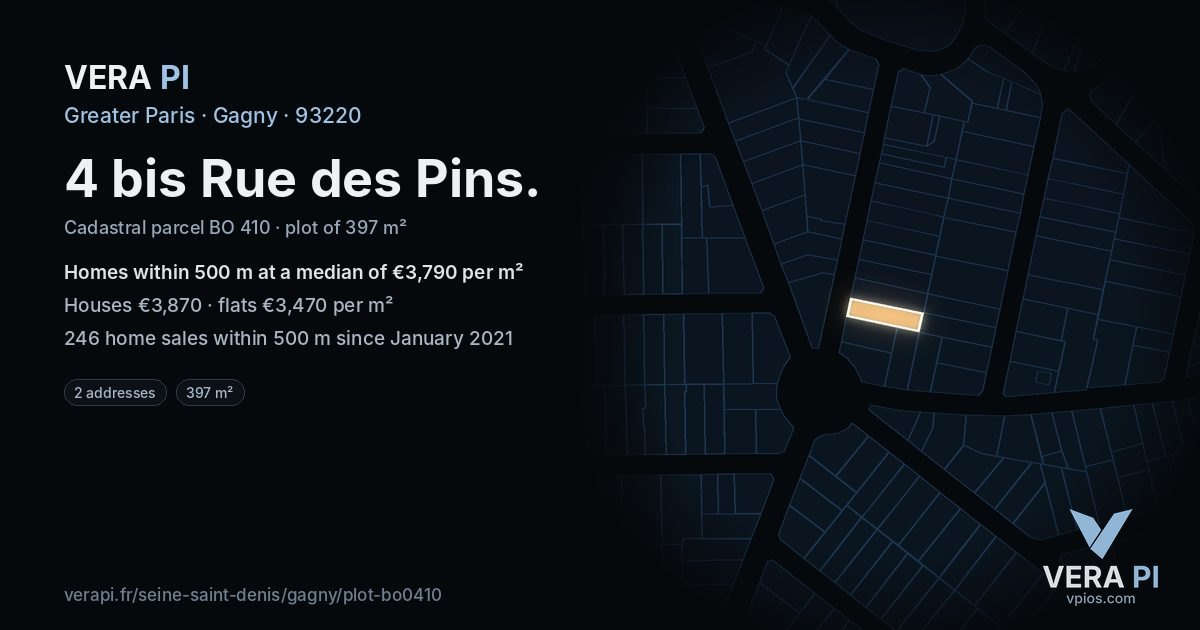 4 bis Rue des Pins, Gagny at night – the plot lit, the parcels around coloured by the prices near them
