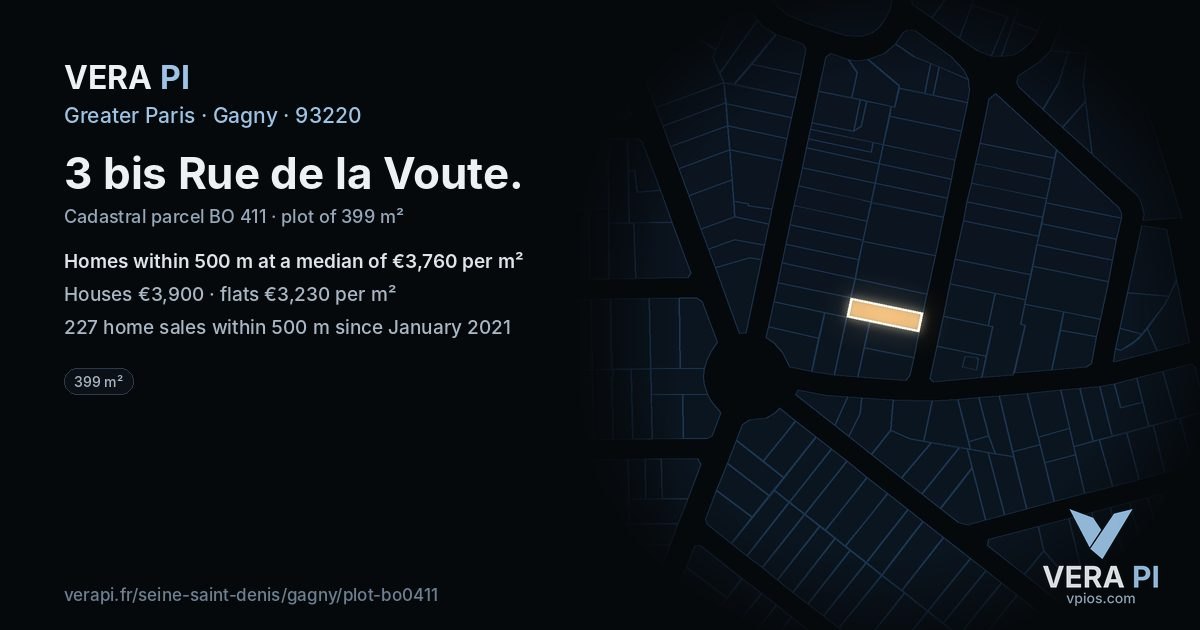 3 bis Rue de la Voute, Gagny at night – the plot lit, the parcels around coloured by the prices near them