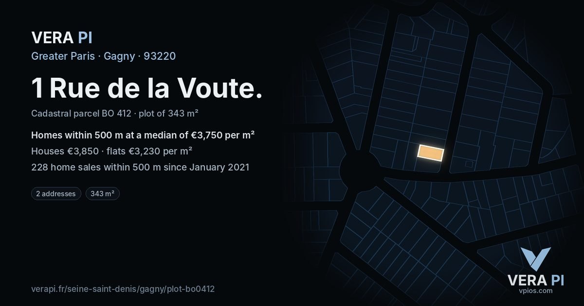 1 Rue de la Voute, Gagny at night – the plot lit, the parcels around coloured by the prices near them