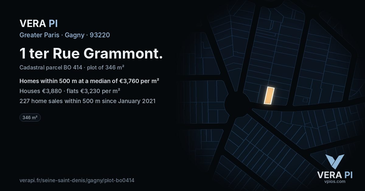 1 ter Rue Grammont, Gagny at night – the plot lit, the parcels around coloured by the prices near them