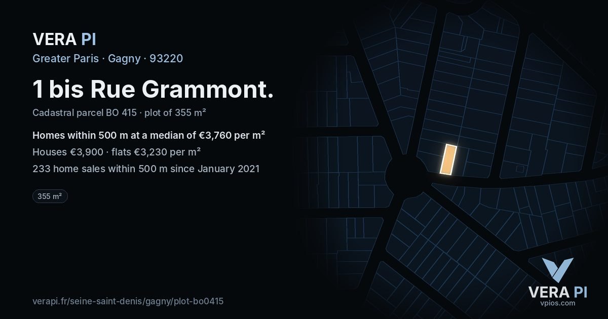 1 bis Rue Grammont, Gagny at night – the plot lit, the parcels around coloured by the prices near them