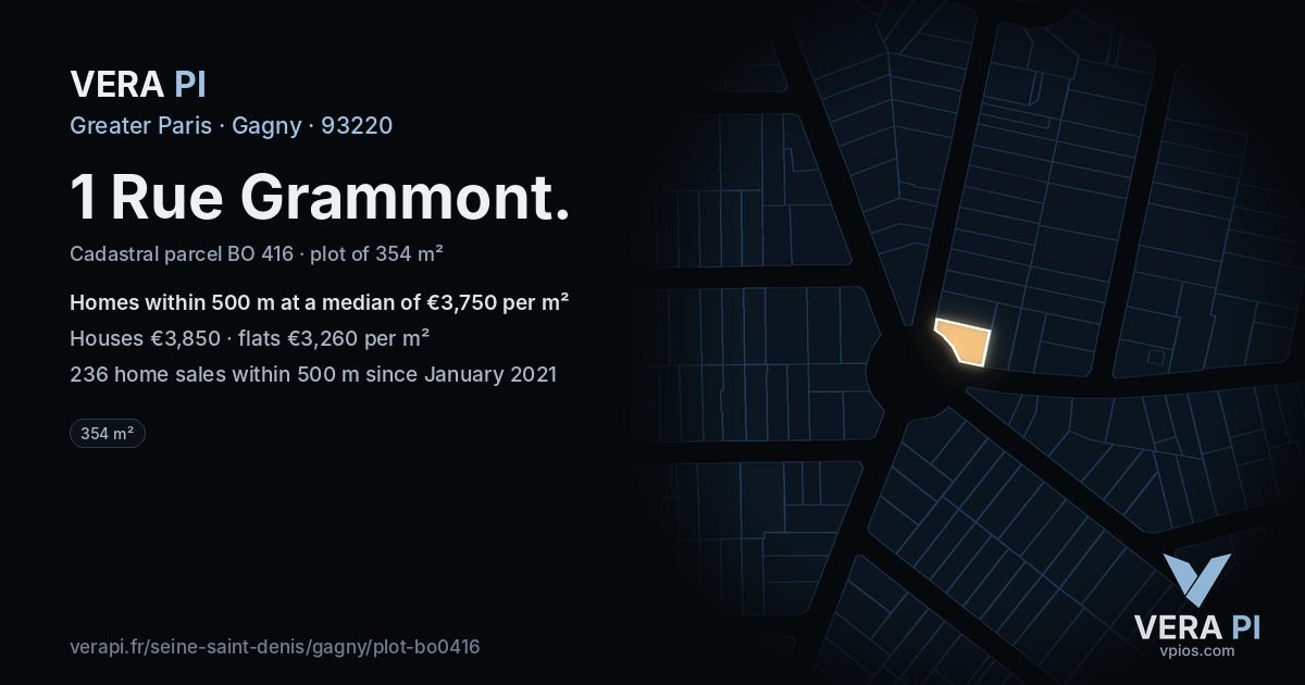 1 Rue Grammont, Gagny at night – the plot lit, the parcels around coloured by the prices near them