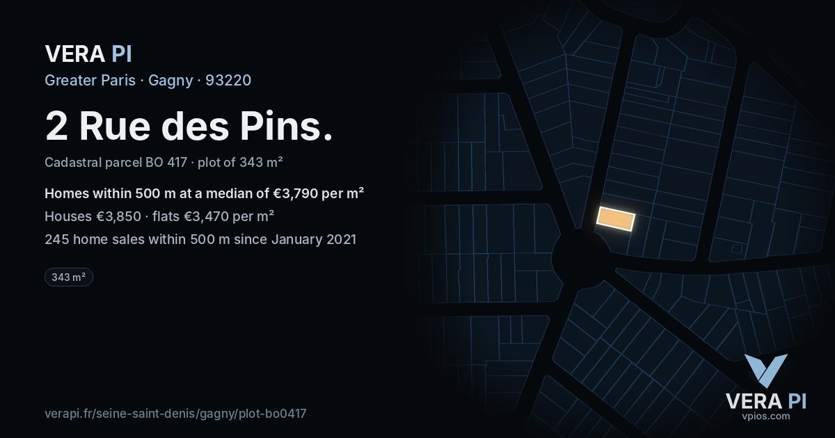 2 Rue des Pins, Gagny at night – the plot lit, the parcels around coloured by the prices near them