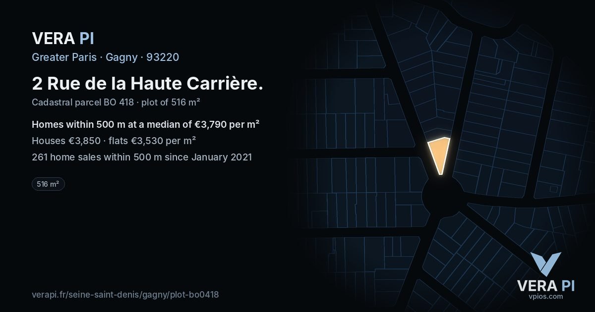 2 Rue de la Haute Carrière, Gagny at night – the plot lit, the parcels around coloured by the prices near them