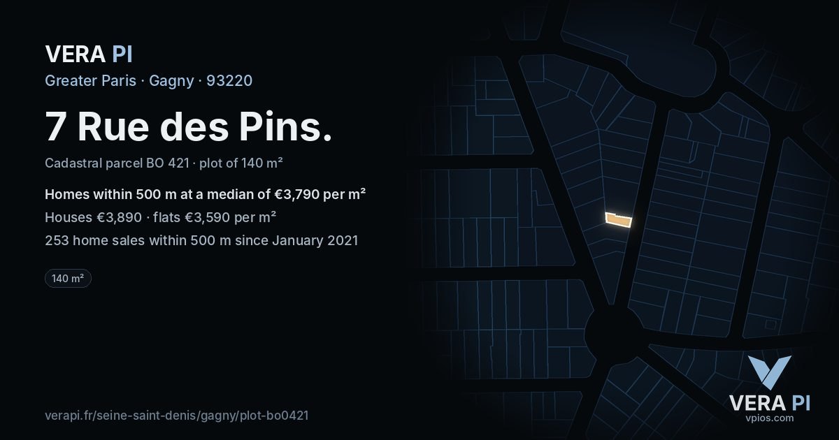 7 Rue des Pins, Gagny at night – the plot lit, the parcels around coloured by the prices near them